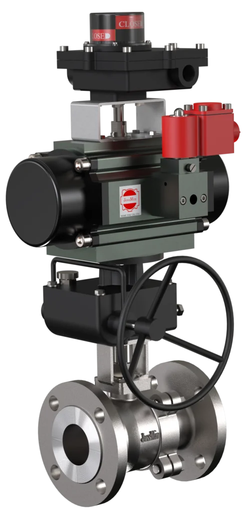 JossMin's Two Way Ball Valve with Manual Gearbox, Pneumatic Rotary Actuator, Solenoid Valve and Valve Position Indicator in Dual Color